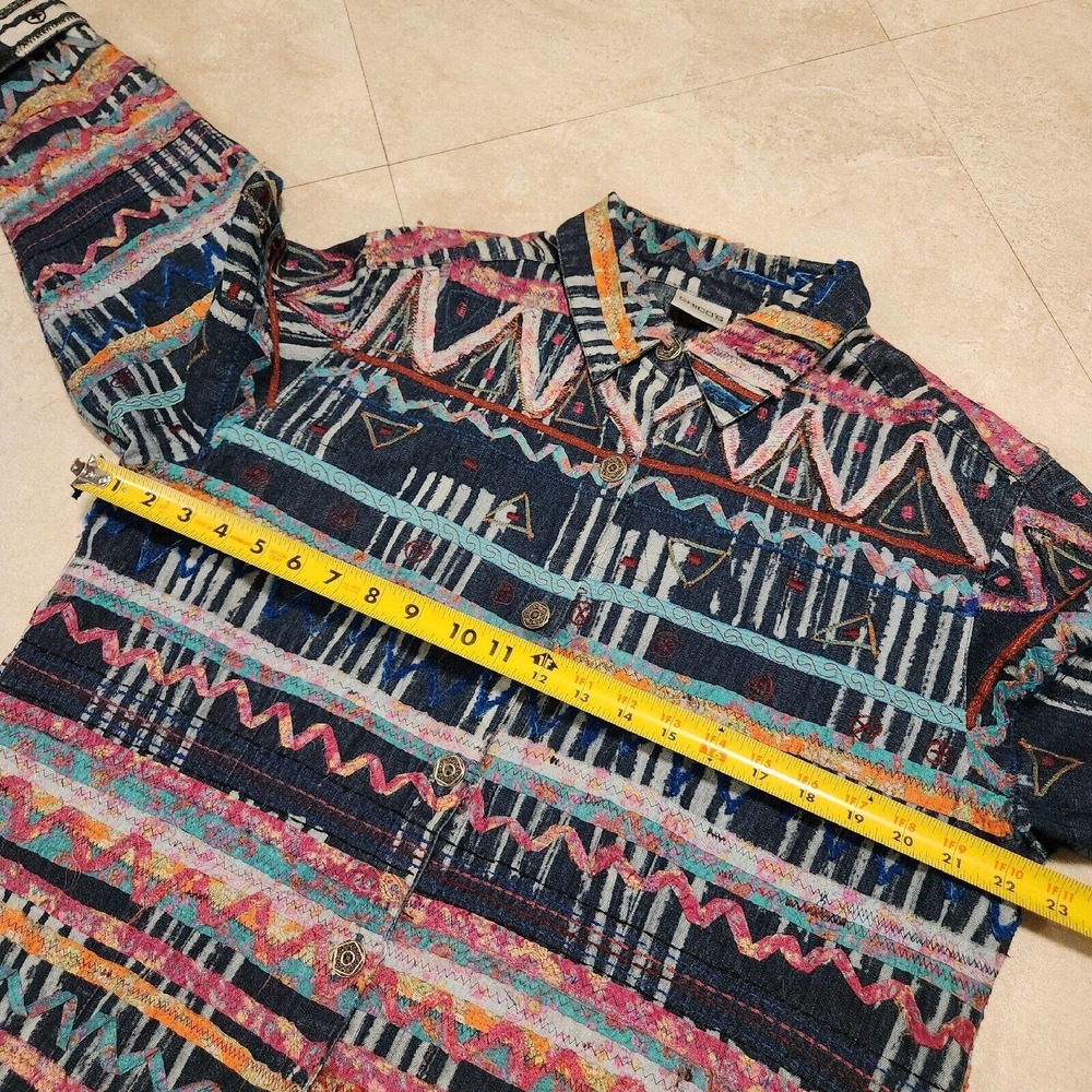 Chico's Womens Size 2 Embroidered Western Colorful‎ Art Soft Denim Button Jacket - Picture 7 of 10